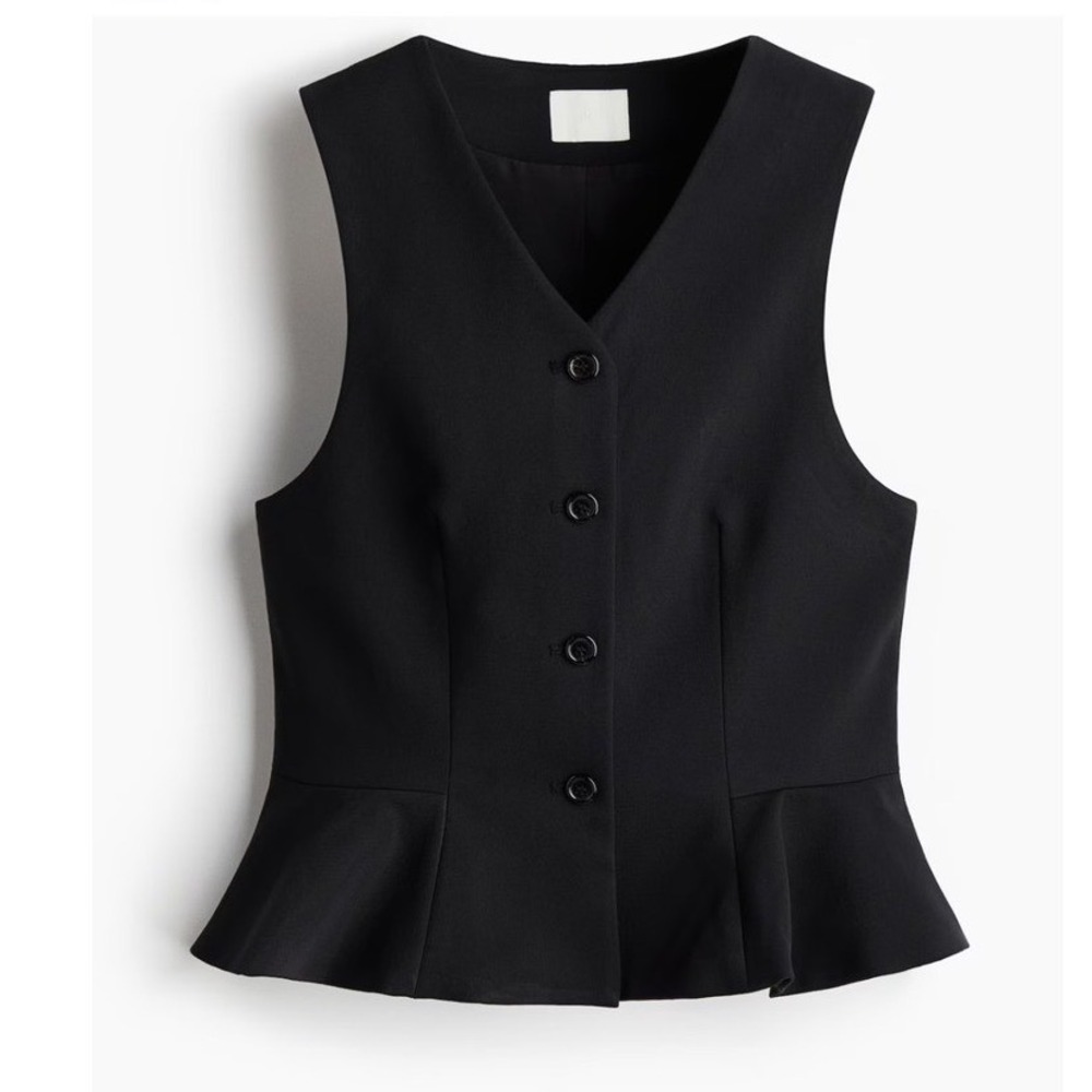 H&M Black V-Neck Peplum Vest Waistcoat Button Front Size Medium